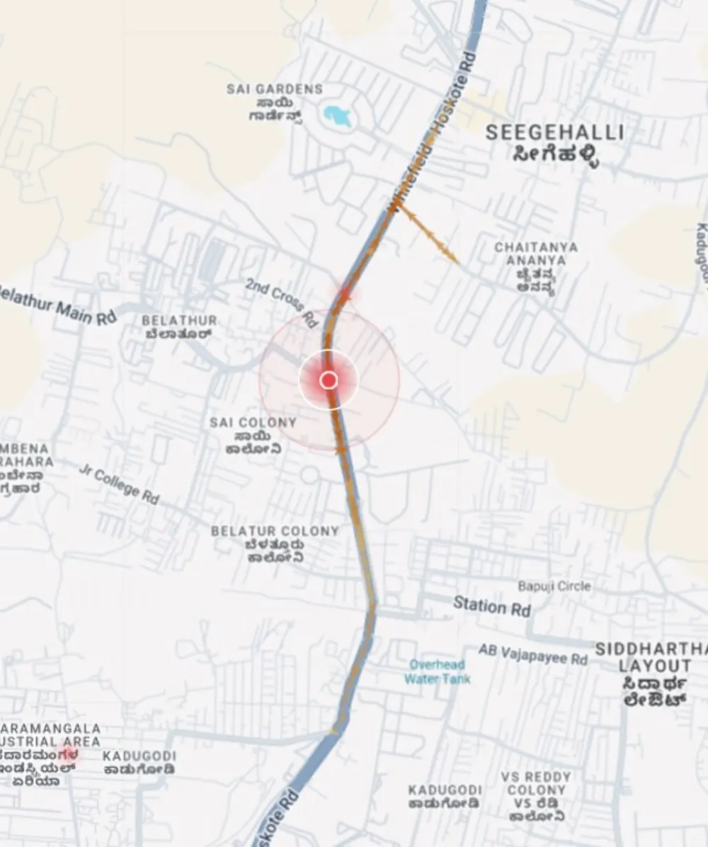 Location map of Whitefield–Hoskote Rd (SH-35) × Belathur Main Rd, Belathur, Kadugodi