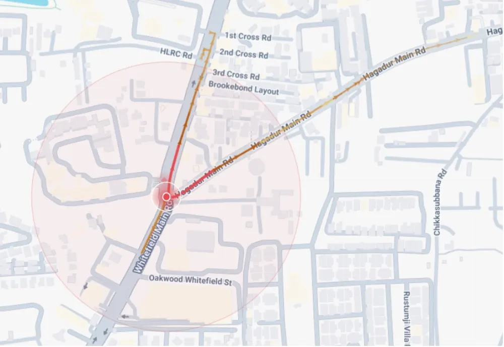 Location map of Whitefield Main Rd × Hagadur Rd, Ramagondanahalli